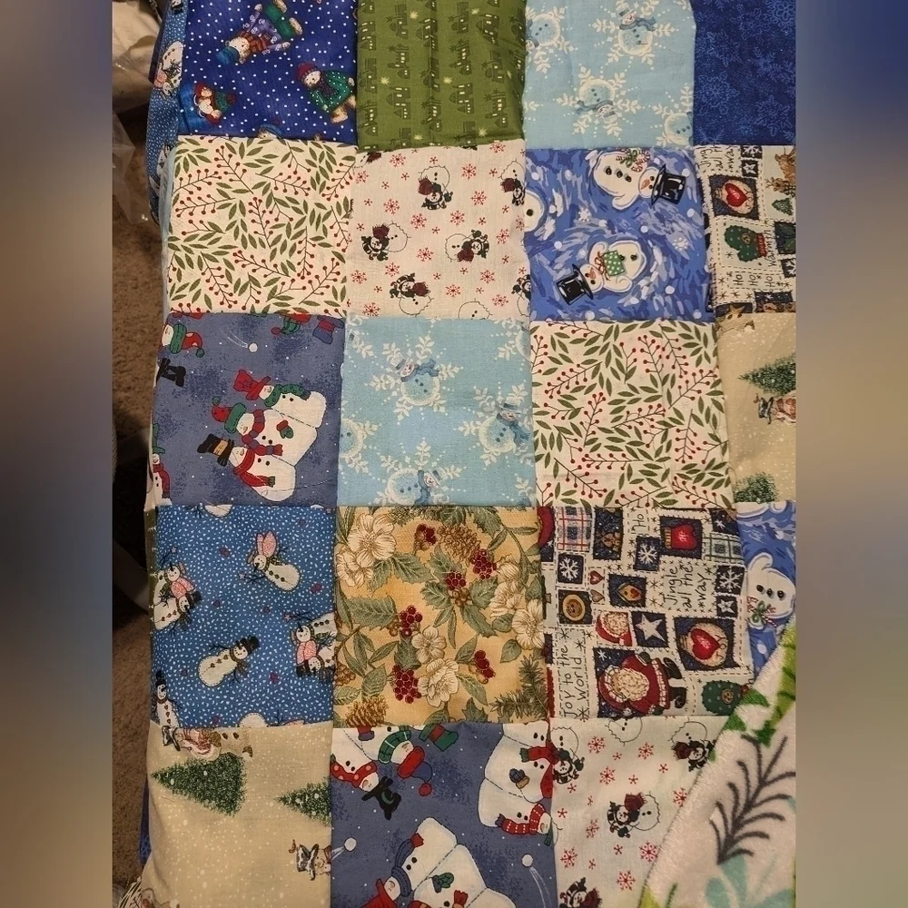 Handmade Snowman Christmas Trees Cotton and Fleece Quilt 45